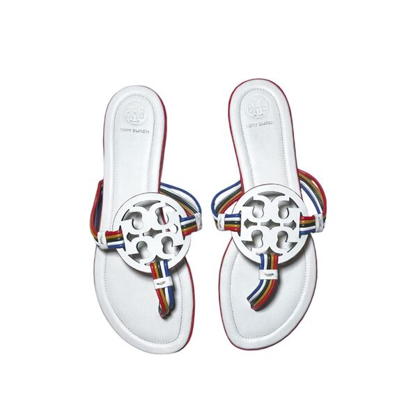 Tory Burch Mignon Miller Ivory Rainbow Leather Logo Thong Flat Sandals Size 9 - Picture 1 of 5